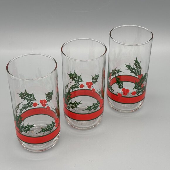 Vintage Christmas Glasses Libbey Holly & Berry Highball Tumblers (Set of 3) - Picture 2 of 5